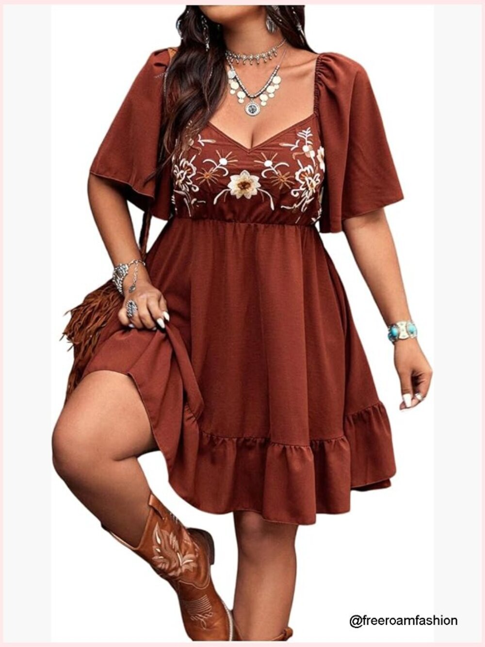 Plus Size Floral Boho Cowgirl Dress Short Sleeve Sweetheart Neck
